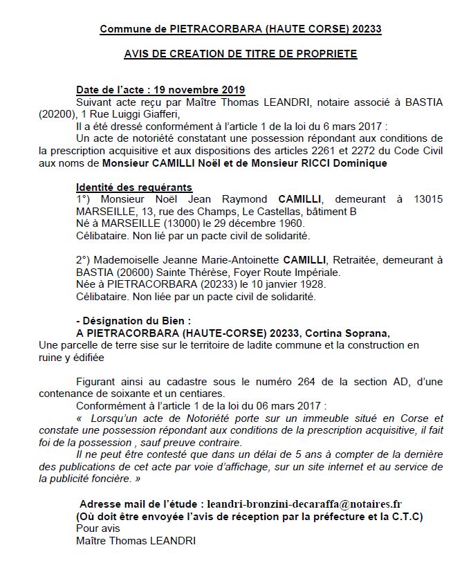 Avis de création de titre de propriété - commune de Pietracorbara (Haute Corse)