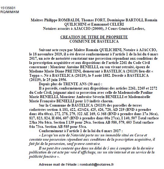 Avis de création de titre de propriété - commune de Bastelica (Corse du Sud)