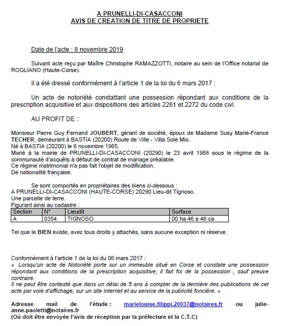 Avis de création de titre de propriété - commune de Prunelli-di-Casacconi (Haute-Corse) Avis de création de titre de propriété - commune de Prunelli-di-Casacconi (Haute-Corse)