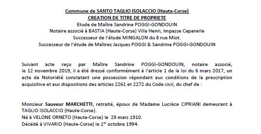 Avis de création de titre de propriété - commune de Santo Taglio Isolaccio (Haute-Corse)
