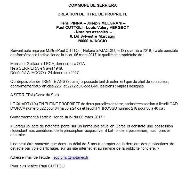Avis de création de titre de propriété - commune de Serreira (Corse du Sud)