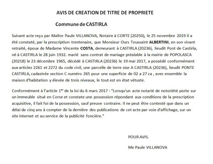 Avis de création de titre de propriété - commune de Castirla (Haute Corse) Avis de création de titre de propriété - commune de Castirla (Haute Corse)