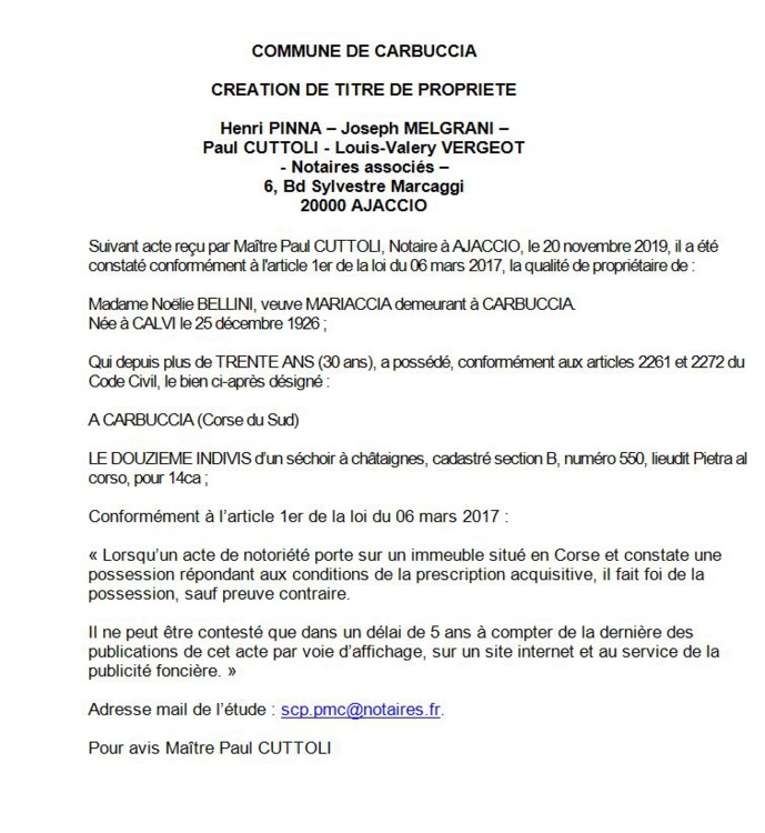 Avis de création de titre de propriété - commune de Carbuccia (Corse du sud)