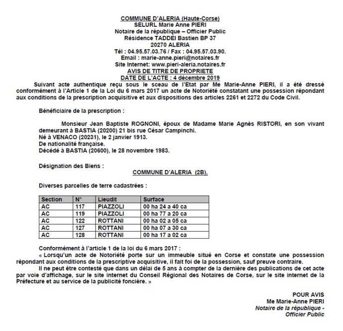 Avis de création de titre de propriété - commune d'Aleria (Haute Corse)