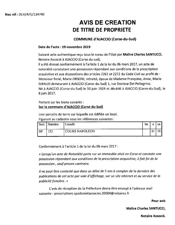 Avis de création de titre de propriété - commune d'Ajaccio (Corse du Sud)