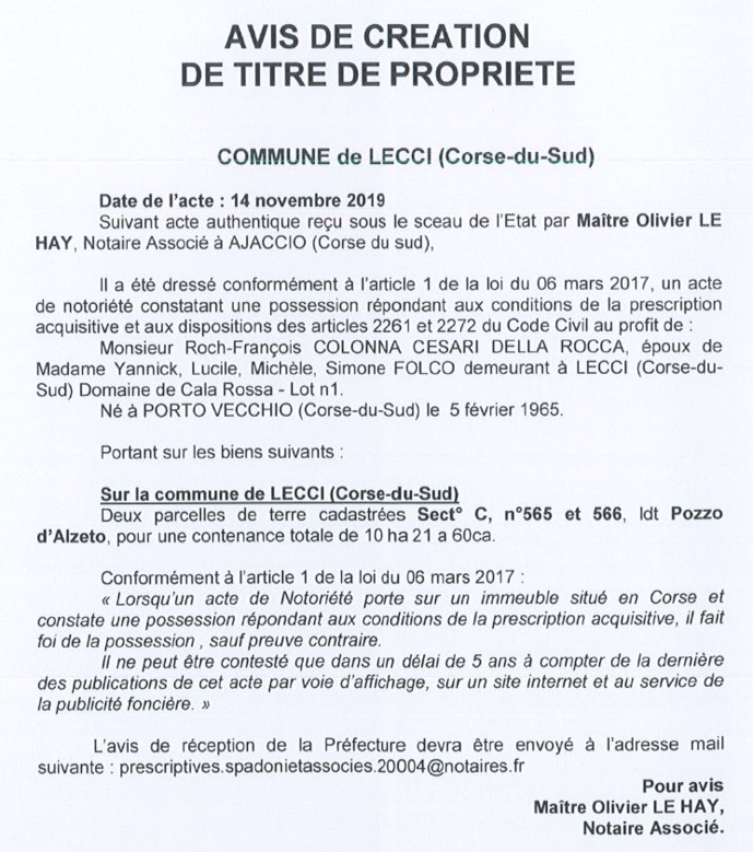 Avis de création de titre de propriété - commune de Lecci (Corse du Sud)
