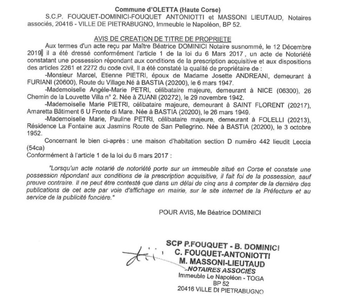 Avis de création de titre de propriété - commune d'Oletta (Haute Corse)