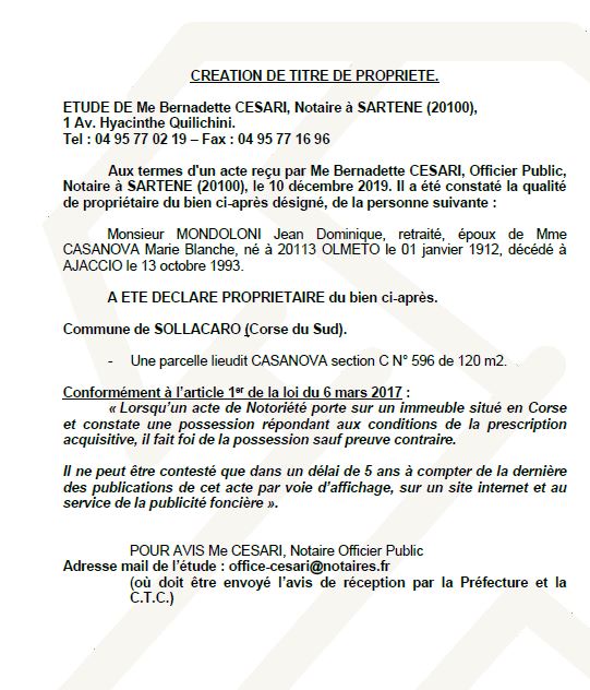 Avis de création de titre de propriété - commune de Sollacaro (Corse du Sud)