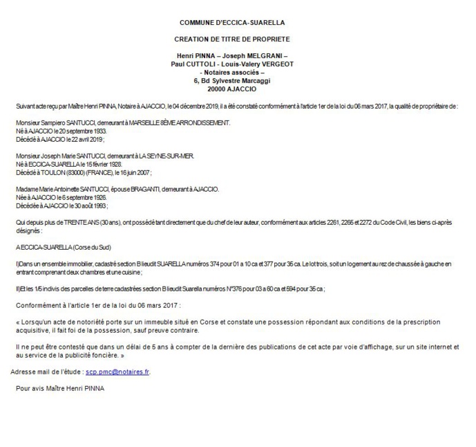 Avis de création de titre de propriété - commune d'Eccica-Suarella (Corse du sud)