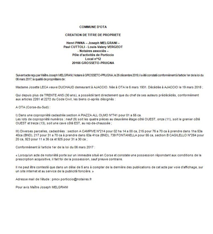Avis de création de titre de propriété - commune de Ota (Corse du sud)