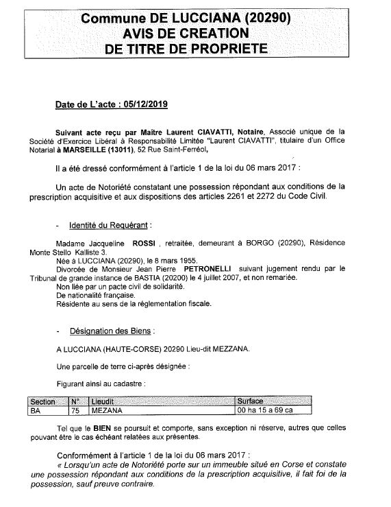 Avis de création de titre de propriété - commune de Lucciana (Haute Corse)