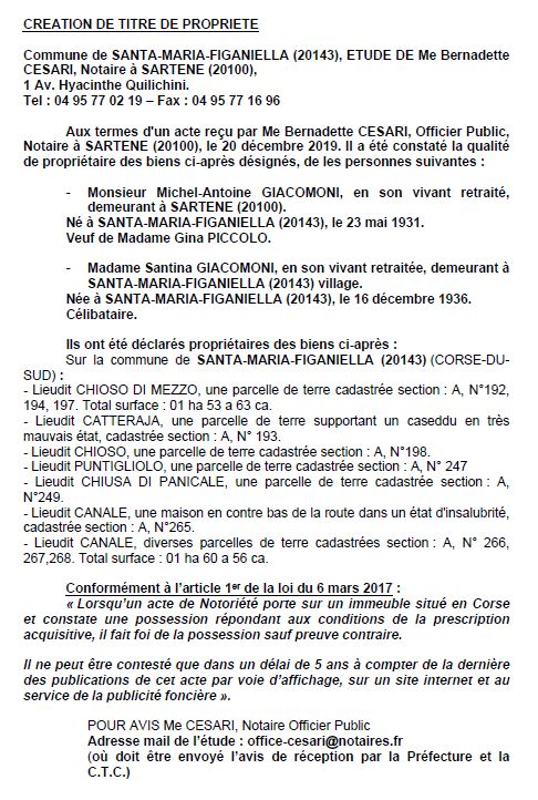 Avis de création de titre de propriété - commune de Santa Maria Figaniella (Corse-du-Sud)