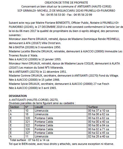 Avis de création de titre de propriété - commune d'Antisanti (Haute Corse)