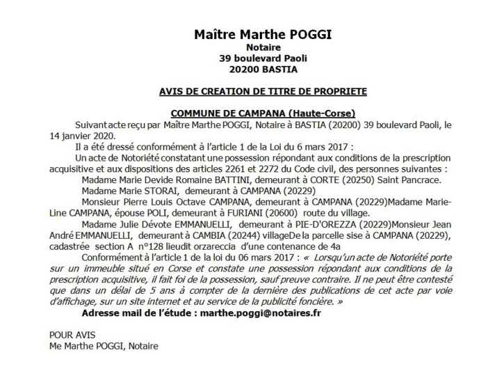 Avis de création de titre de propriété - commune de Campana (Haute Corse)