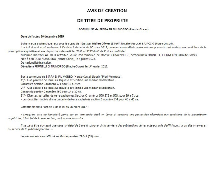 Avis de création de titre de propriété - commune de Serra-di-Fiumorbo (Haute Corse)