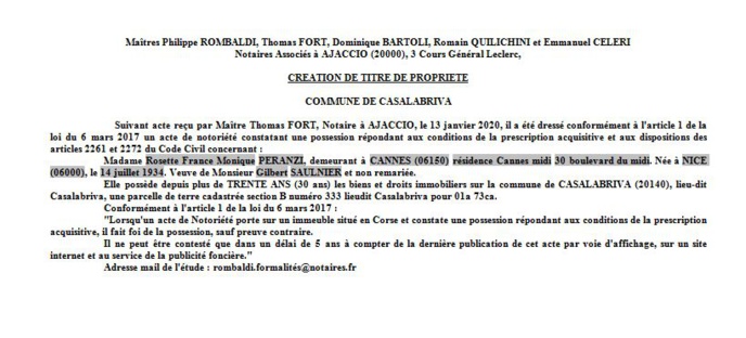 Avis de création de titre de propriété - commune de Casalabriva (Corse du Sud) Avis de création de titre de propriété - commune de Casalabriva (Corse du Sud)