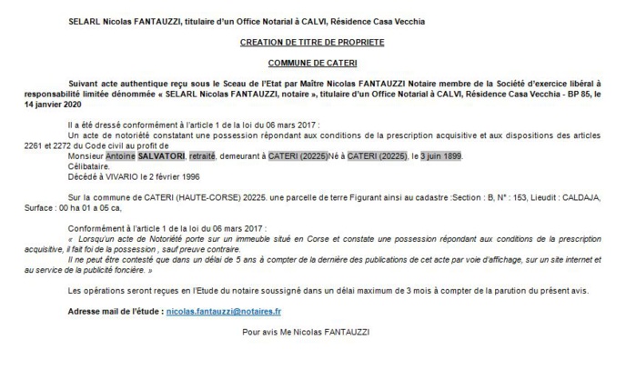 Avis de création de titre de propriété - commune de Cateri (Haute Corse)