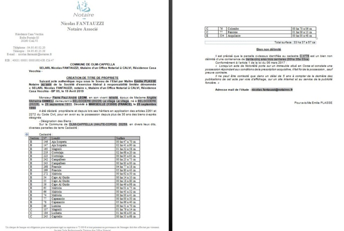 Avis de création de titre de propriété - commune d'Olmi Cappella (Haute Corse)