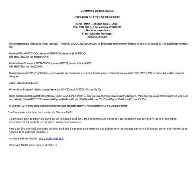 Avis de création de titre de propriété - commune de Bastelica (Corse du Sud)