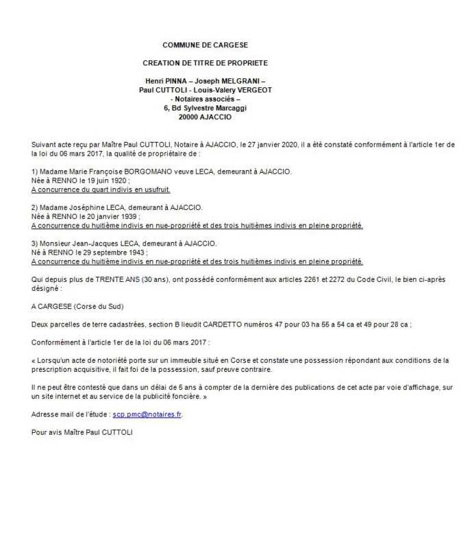 Avis de création de titre de propriété - commune de Cargese (Corse du Sud)