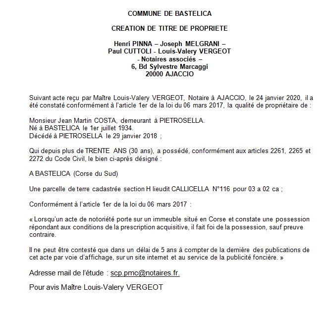 Avis de création de titre de propriété - commune de Bastelica (Corse du Sud)