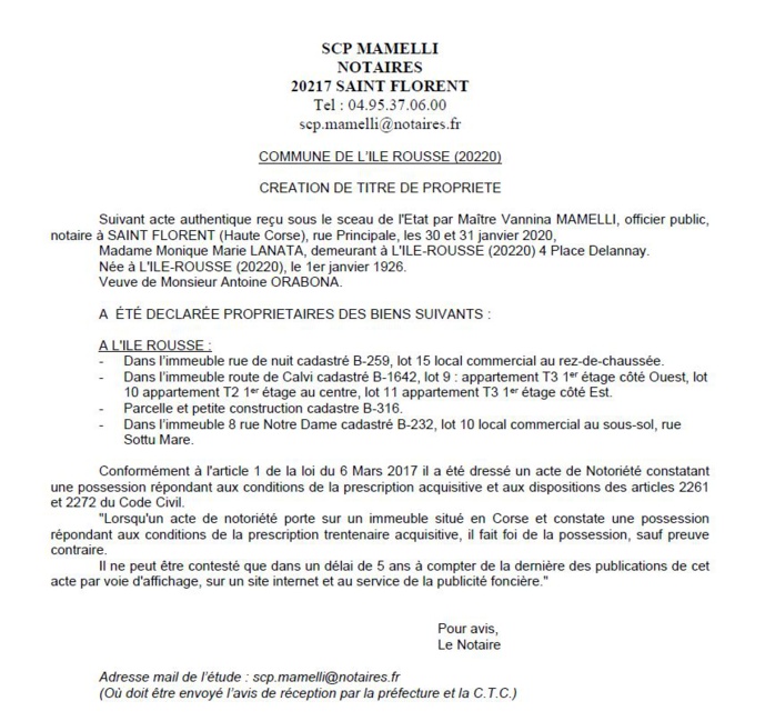 Avis de création de titre de propriété - commune d'Ile Rousse (Haute Corse)