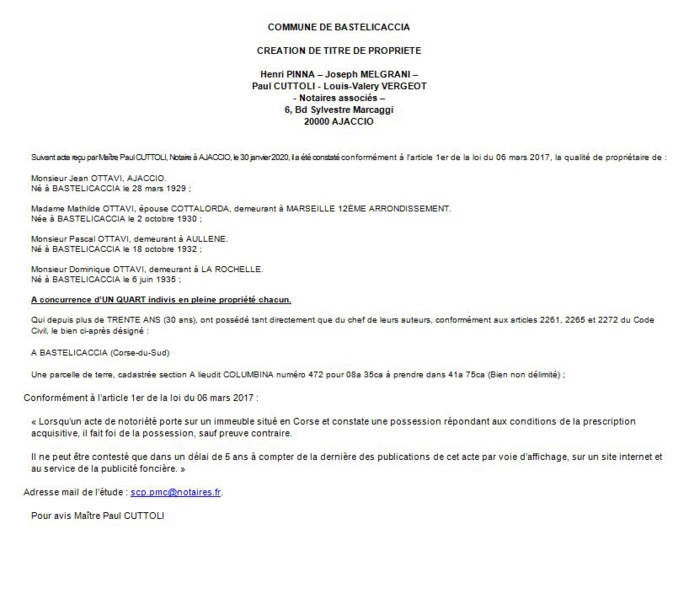 Avis de création de titre de propriété - commune de Bastelicaccia (Corse du Sud) Avis de création de titre de propriété - commune de Bastelicaccia (Corse du Sud)