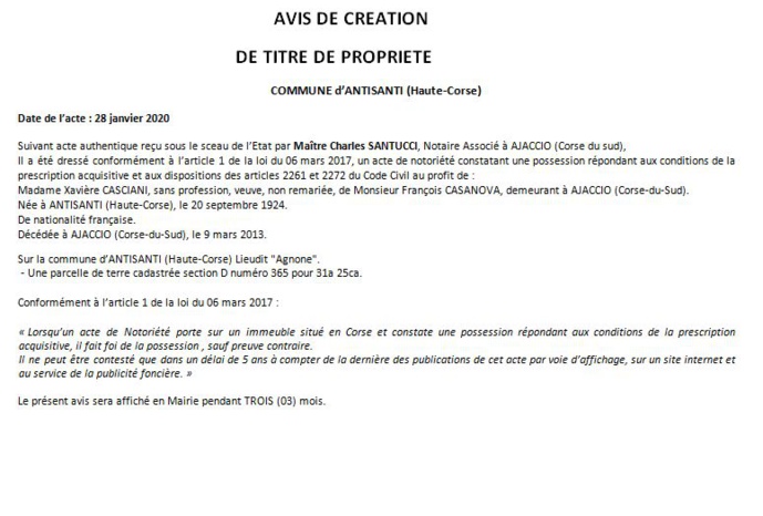 Avis de création de titre de propriété - commune d'Antisanti (Haute Corse)