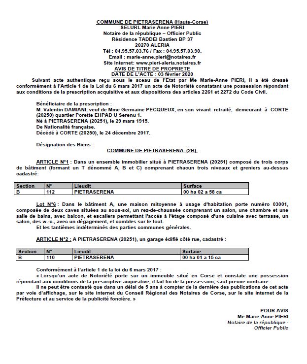 Avis de création de titre de propriété - commune de Pietraserena (Haute Corse)