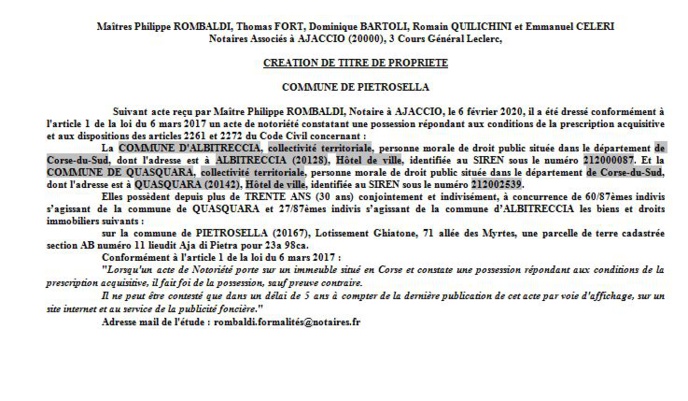 Avis de création de titre de propriété - commune de Pietrosella (Corse-du-Sud) Avis de création de titre de propriété - commune de Pietrosella (Corse-du-Sud)