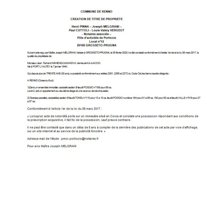 Avis de création de titre de propriété - commune de Renno (Corse-du-Sud)