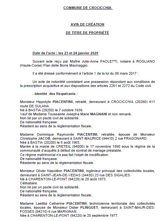Avis de création de titre de propriété - commune de Crocicchia (Haute-Corse)