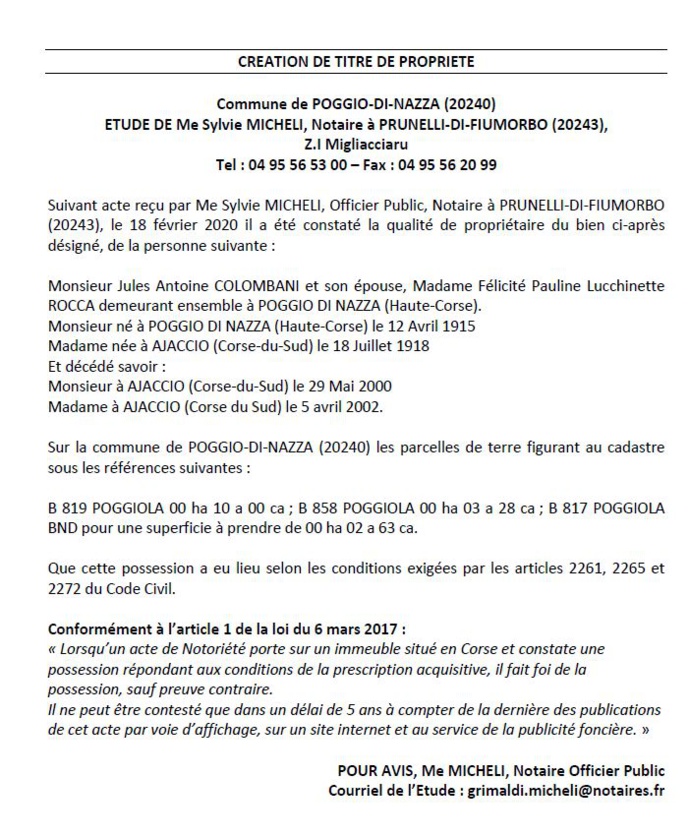 Avis de création de titre de propriété - commune de Poggio-di-Nazza (Haute-Corse)