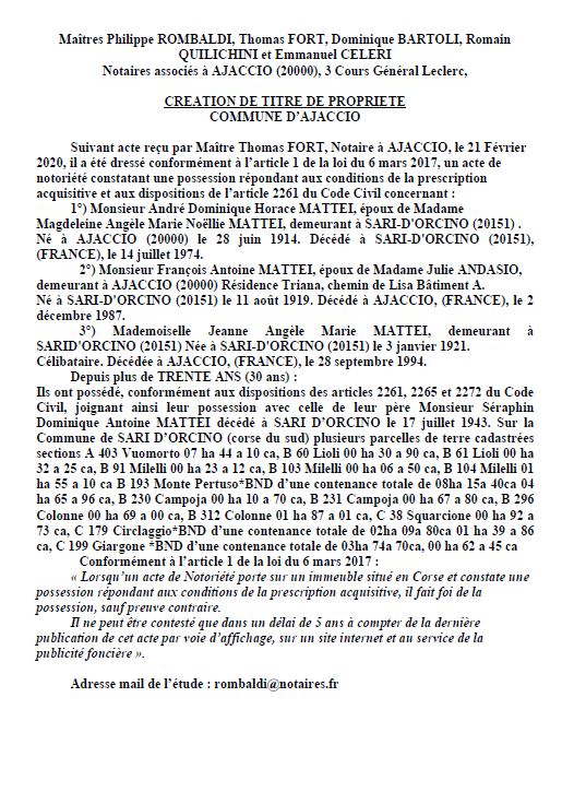 Avis de création de titre de propriété - commune de Ajaccio (Corse-du-sud)