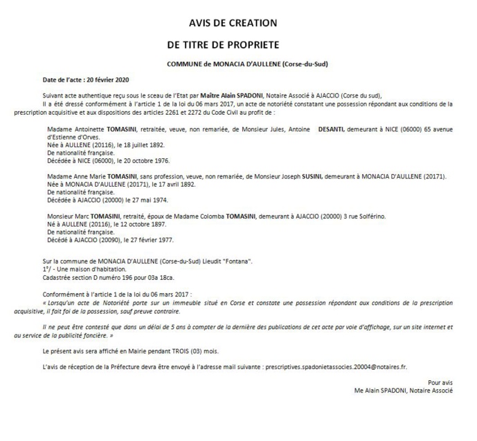 Avis de création de titre de propriété - commune d'Aullène (Corse-du-Sud) Avis de création de titre de propriété - commune d'Aullène (Corse-du-Sud)