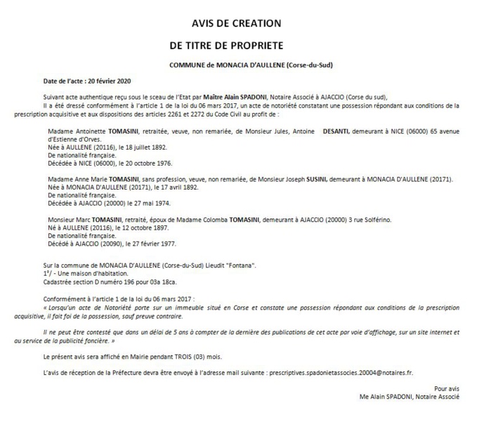 Avis de création de titre de propriété - commune d'Aullène (Corse-du-Sud)