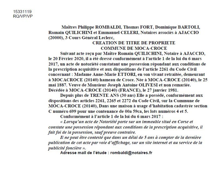 Avis de création de titre de propriété - commune de Mocca-Croce (Corse-du-Sud)