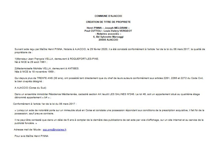 Avis de création de titre de propriété - commune d'Ajaccio (Corse-du-Sud) Avis de création de titre de propriété - commune d'Ajaccio (Corse-du-Sud)
