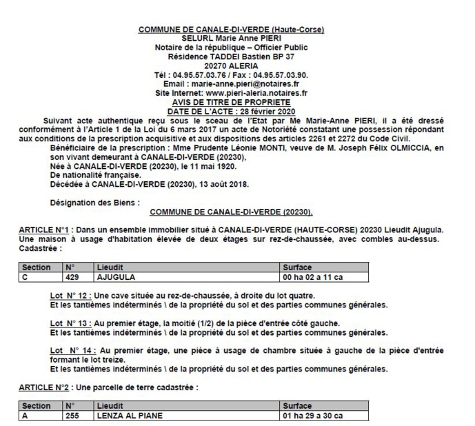 Avis de création de titre de propriété - commune de Canale-di-Verde (Haute Corse)