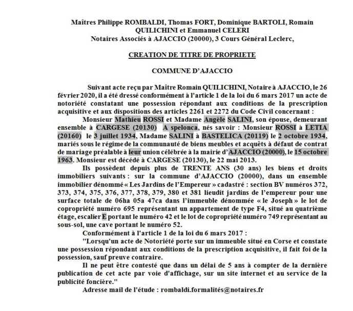 Avis de création de titre de propriété - commune d'Ajaccio (Corse-du-Sud)