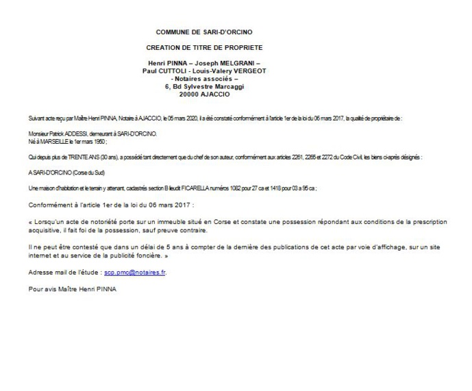 Avis de création de titre de propriété - commune de Sari d'Orcino (Corse-du-Sud)