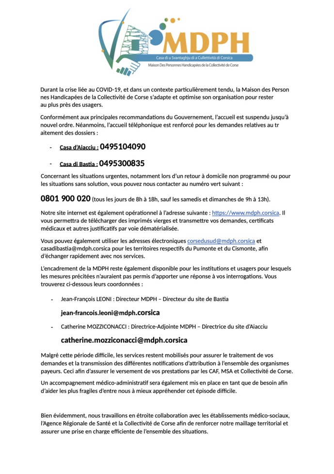 L’accuglienza di u publicu hè suspesa - Suspension de l'accueil du public à la Maison des Personnes Handicapées de la Collectivité de Corse