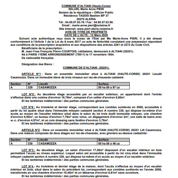 Avis de création de titre de propriété - commune d'Altiani (Haute Corse)