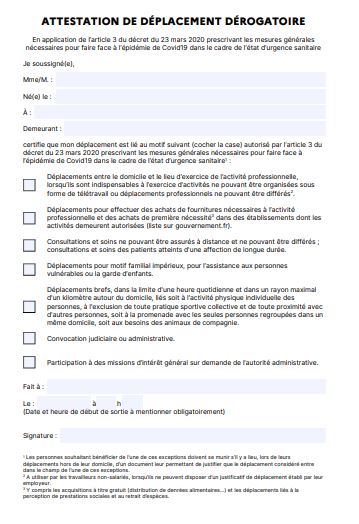 Attestation de déplacement dérogatoire