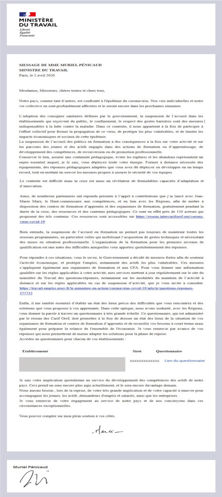 Communication auprès des organismes de formation Corona Virus COVID-19 | Continuité pédagogique et ressources