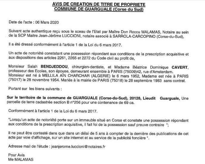 Avis de création de titre de propriété - commune de Guarguale (Corse du Sud)