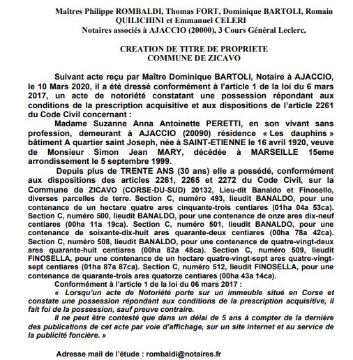 Avis de création de titre de propriété - commune de Zicavo (Corse du Sud)
