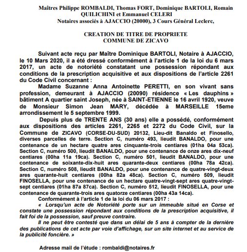 Avis de création de titre de propriété - commune de Zicavo (Corse du Sud) Avis de création de titre de propriété - commune de Zicavo (Corse du Sud)