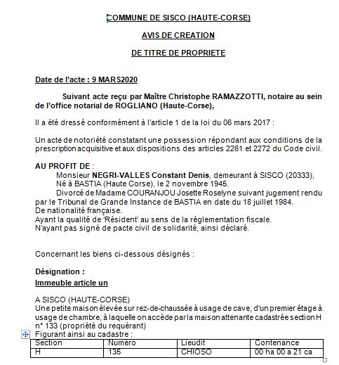 Avis de création de titre de propriété - commune de Sisco (Haute Corse)