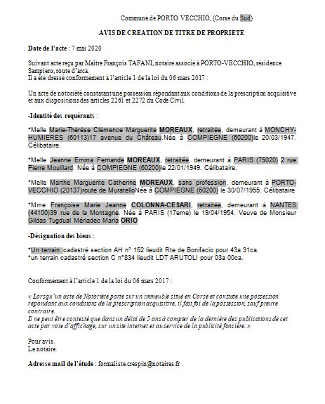 Avis de création de titre de propriété - commune de Porto-Vecchio (Corse du Sud) Avis de création de titre de propriété - commune de Porto-Vecchio (Corse du Sud)